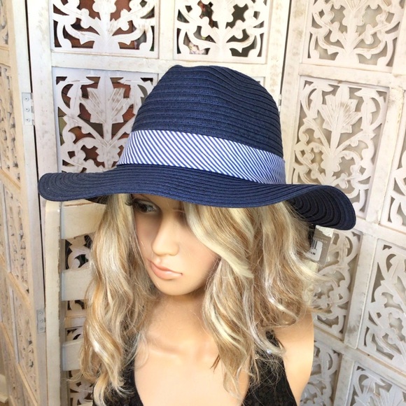 Styline Women’s Blue Folded Straw Panama Hat with Striped Band & Bow - Picture 2 of 7